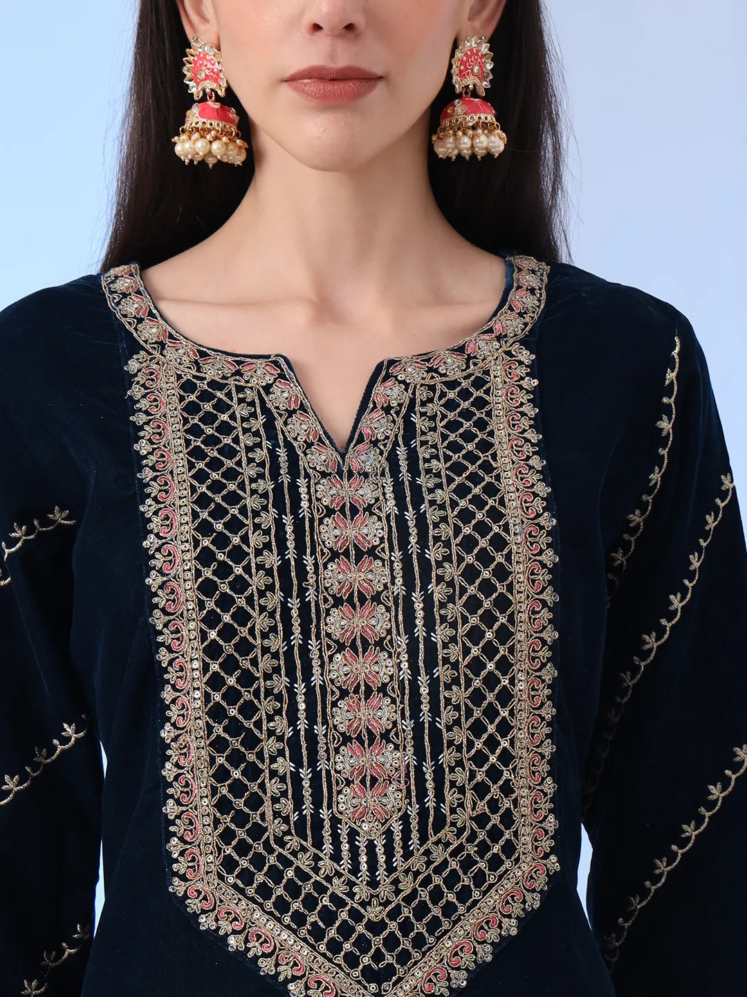 Yufta Navy Blue Velvet Zari Work Kurta Trouser Dupatta Set - Distacart