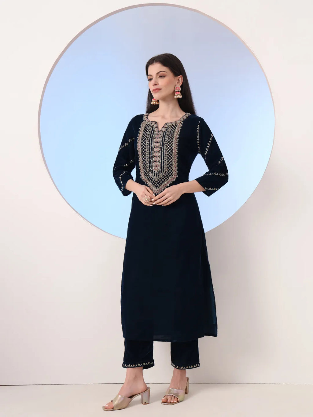 Yufta Navy Blue Velvet Zari Work Kurta Trouser Dupatta Set - Distacart