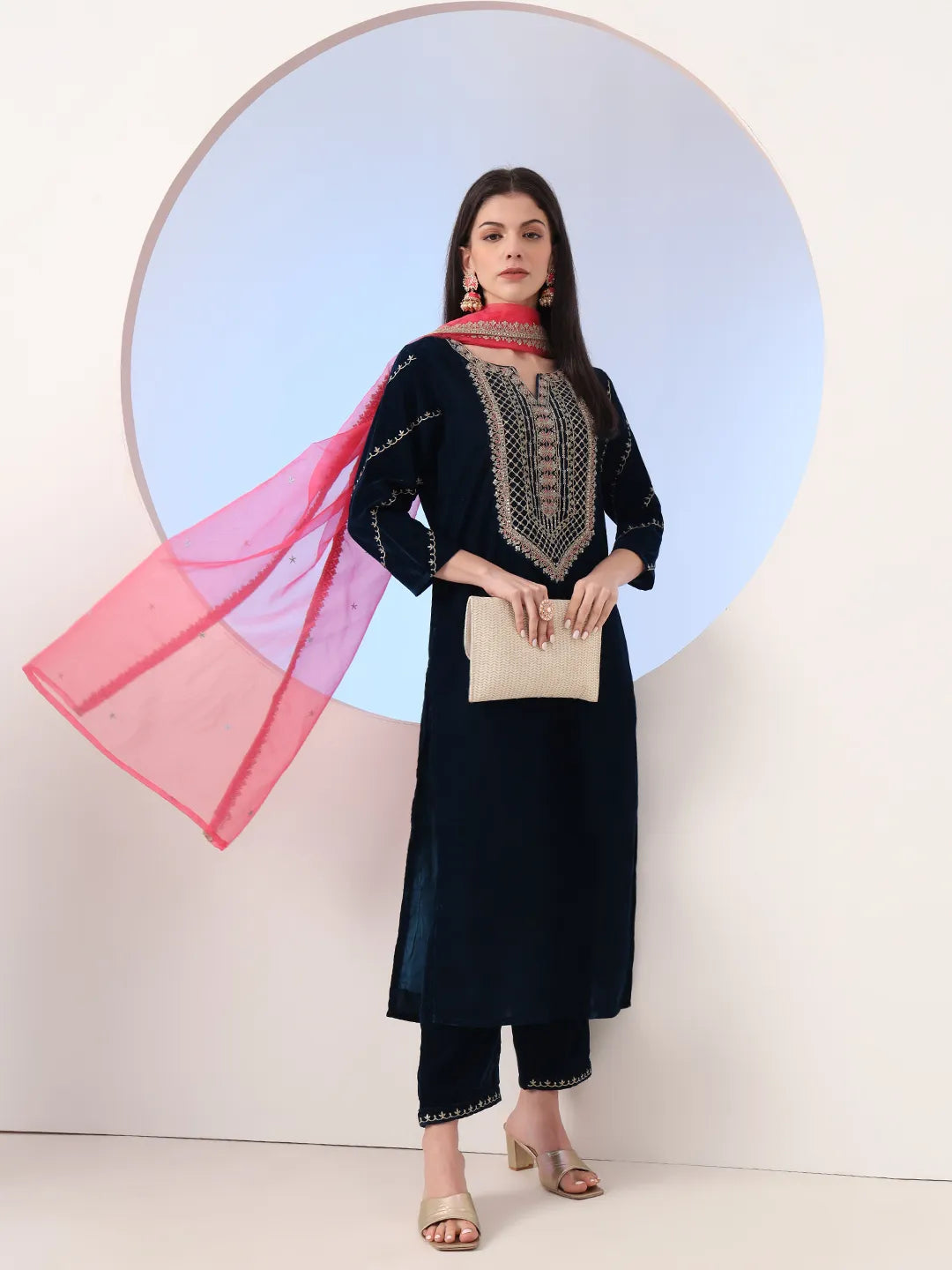 Yufta Navy Blue Velvet Zari Work Kurta Trouser Dupatta Set - Distacart