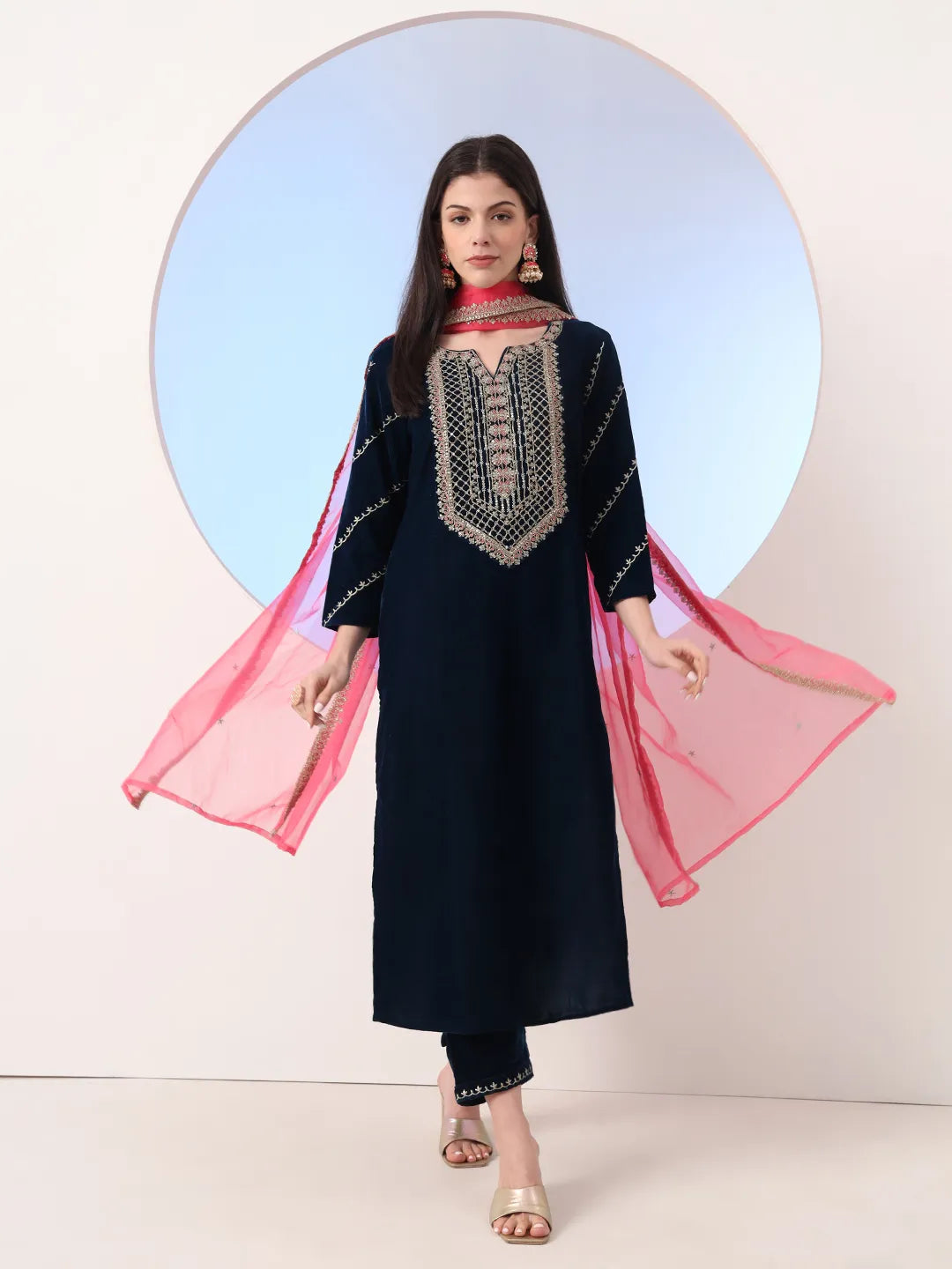 Yufta Navy Blue Velvet Zari Work Kurta Trouser Dupatta Set - Distacart