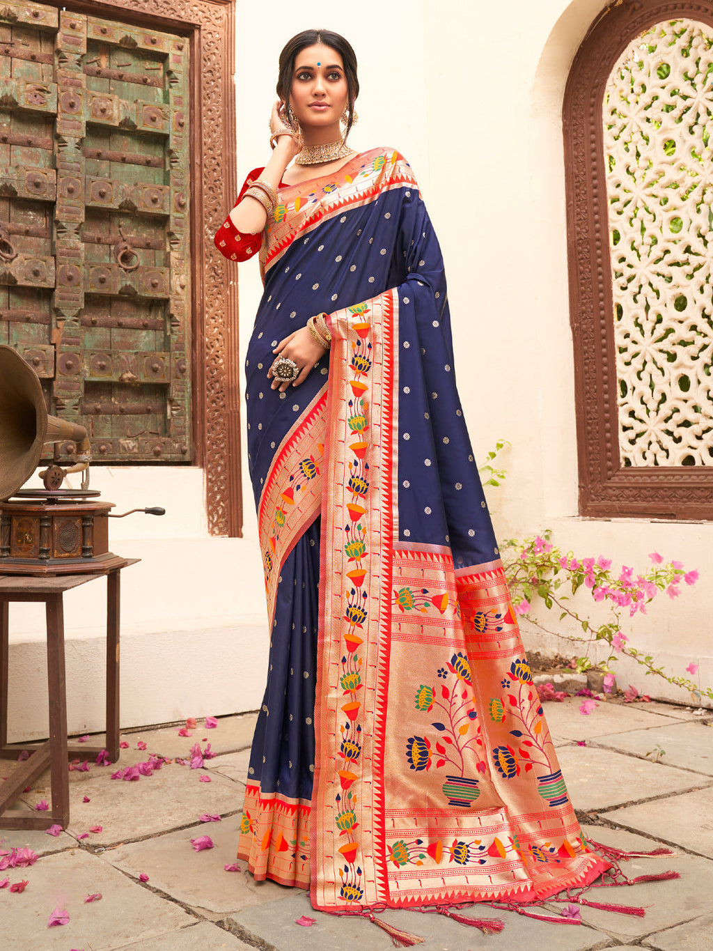 Anaita Navy Silk Saree With Blouse Piece - Distacart