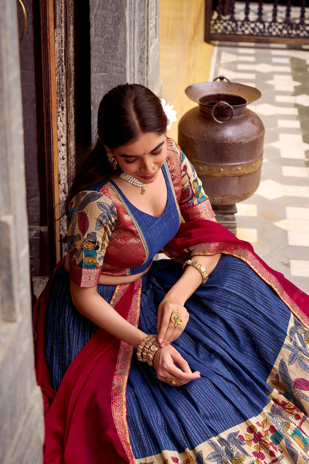 Evanik Navy Blue South Style Kalamkari Print Design Zari Work Unstitched Lehenga Choli - Distacart