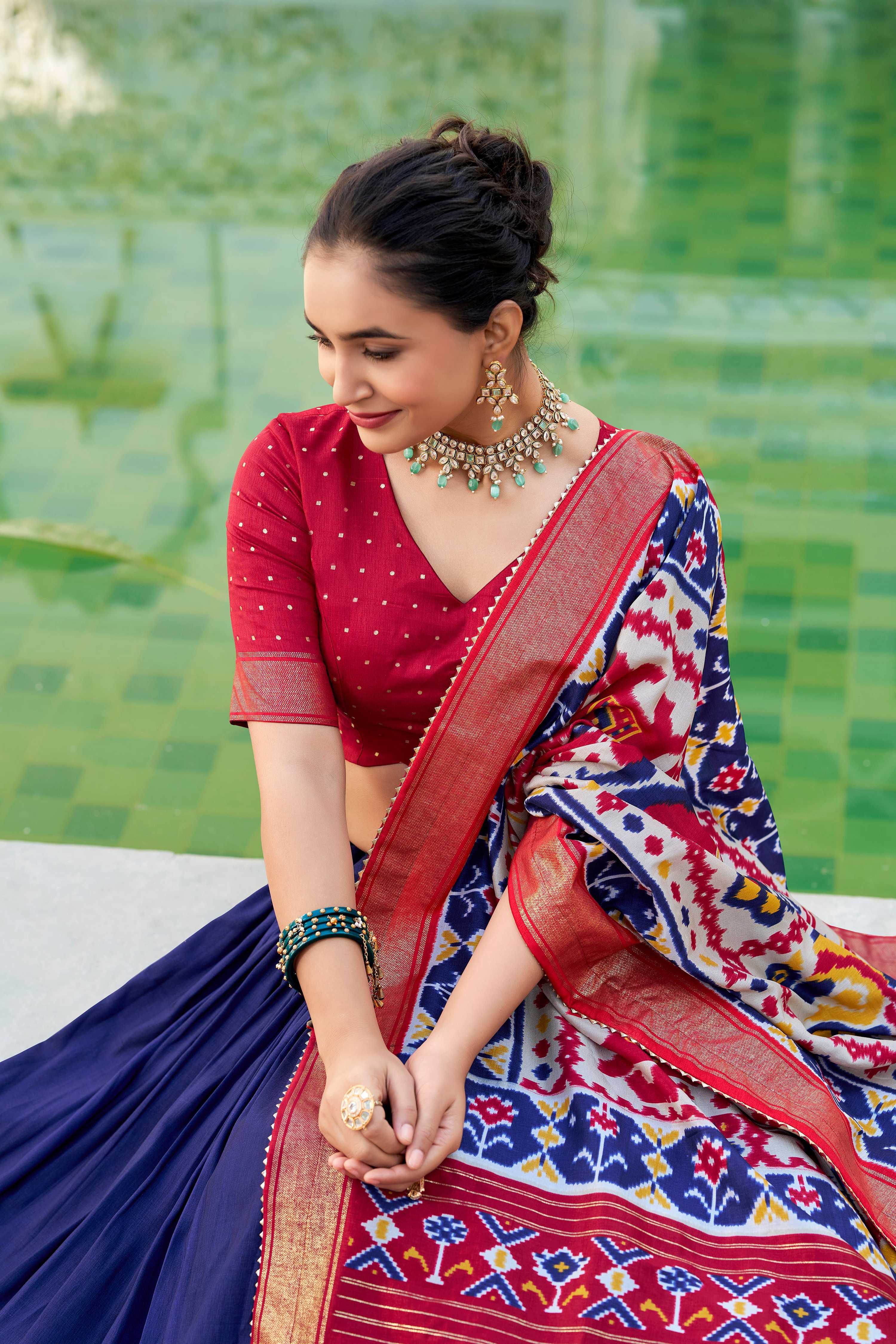Evanik Navy Blue Traditional Style Tussar Silk Patola Print With Foil Work Unstitched Lehenga Choli - Distacart