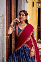 Evanik Navy Blue South Style Kalamkari Print Design Zari Work Unstitched Lehenga Choli - Distacart