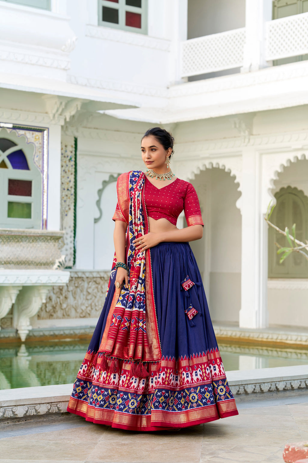 Evanik Navy Blue Traditional Style Tussar Silk Patola Print With Foil Work Unstitched Lehenga Choli - Distacart