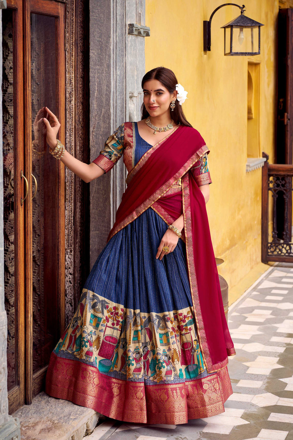 Evanik Navy Blue South Style Kalamkari Print Design Zari Work Unstitched Lehenga Choli - Distacart