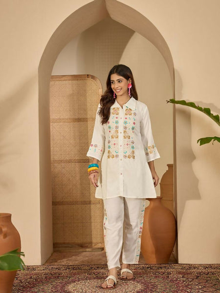 Joban Fashion Women Off-White Roman Silk Embroidered Stitched Kurta Set