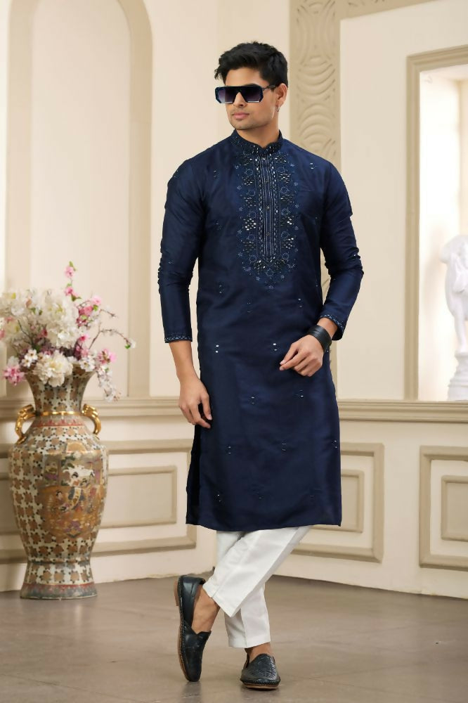 Raivat Ethnic Banarasi Art Silk Thread and Mirror Work Kurta Pajama In Blue Colour