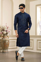 Raivat Ethnic Banarasi Art Silk Thread and Mirror Work Kurta Pajama In Blue Colour
