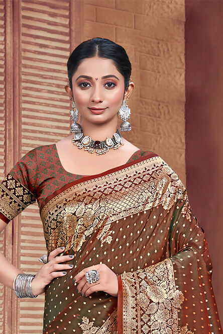 Sangam Prints Dark Brown Silk Woven Work Traditional Saree