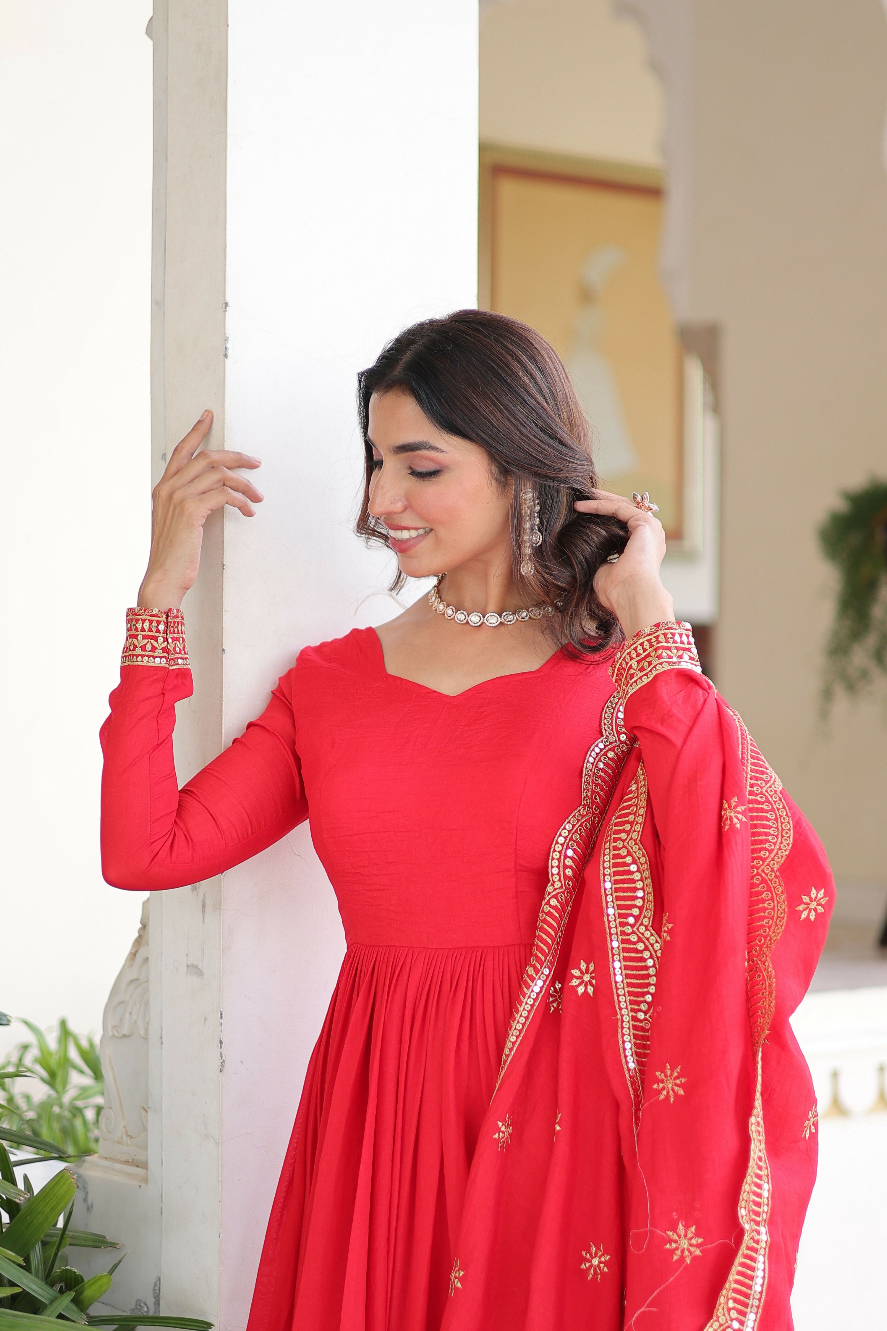 Joban Fashion Red Readymade Kurta Set With Sequence embroidery Work - Distacart