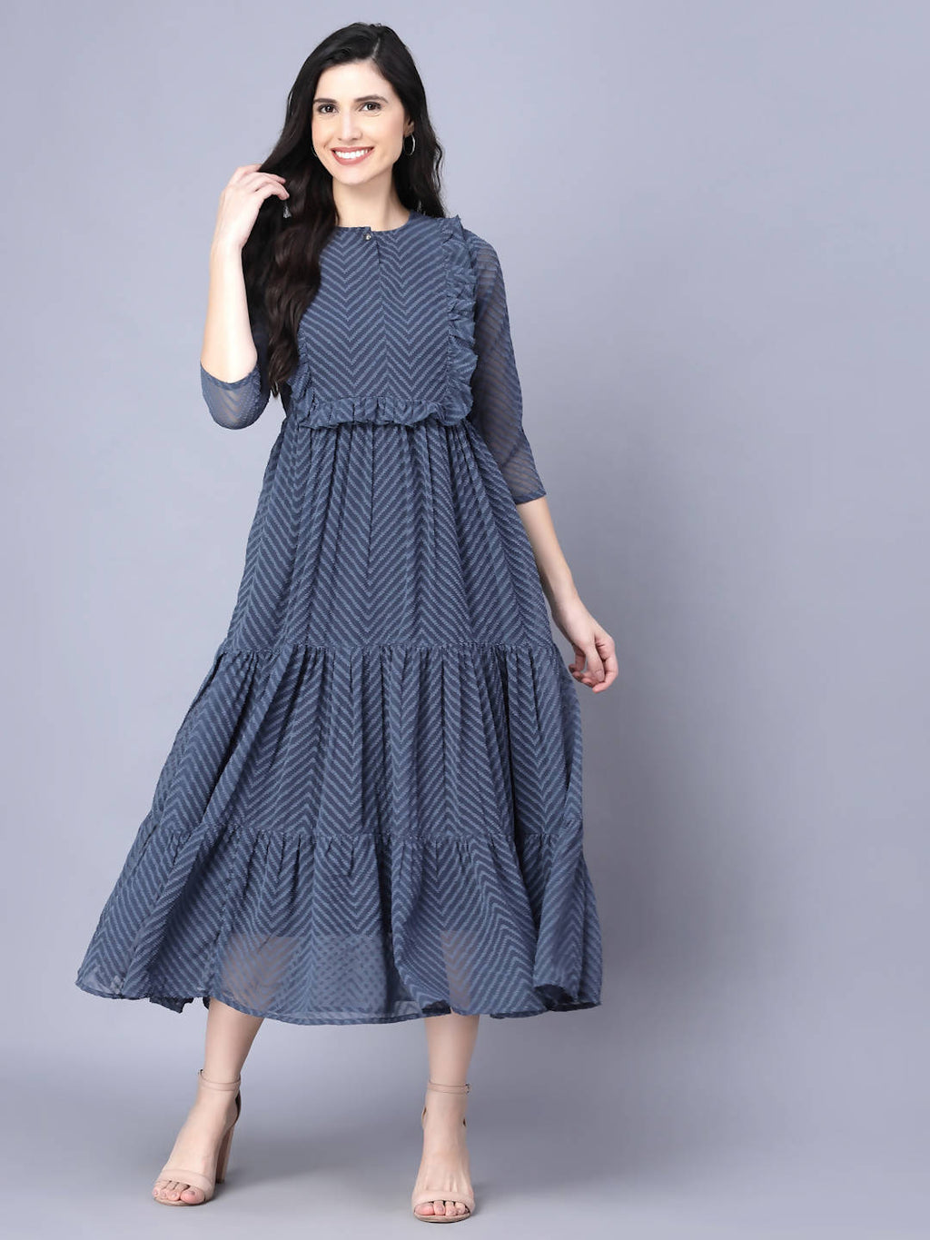 Myshka Georgette Solid 3/4 Sleeve Round Dark Grey Women Dress - Distacart