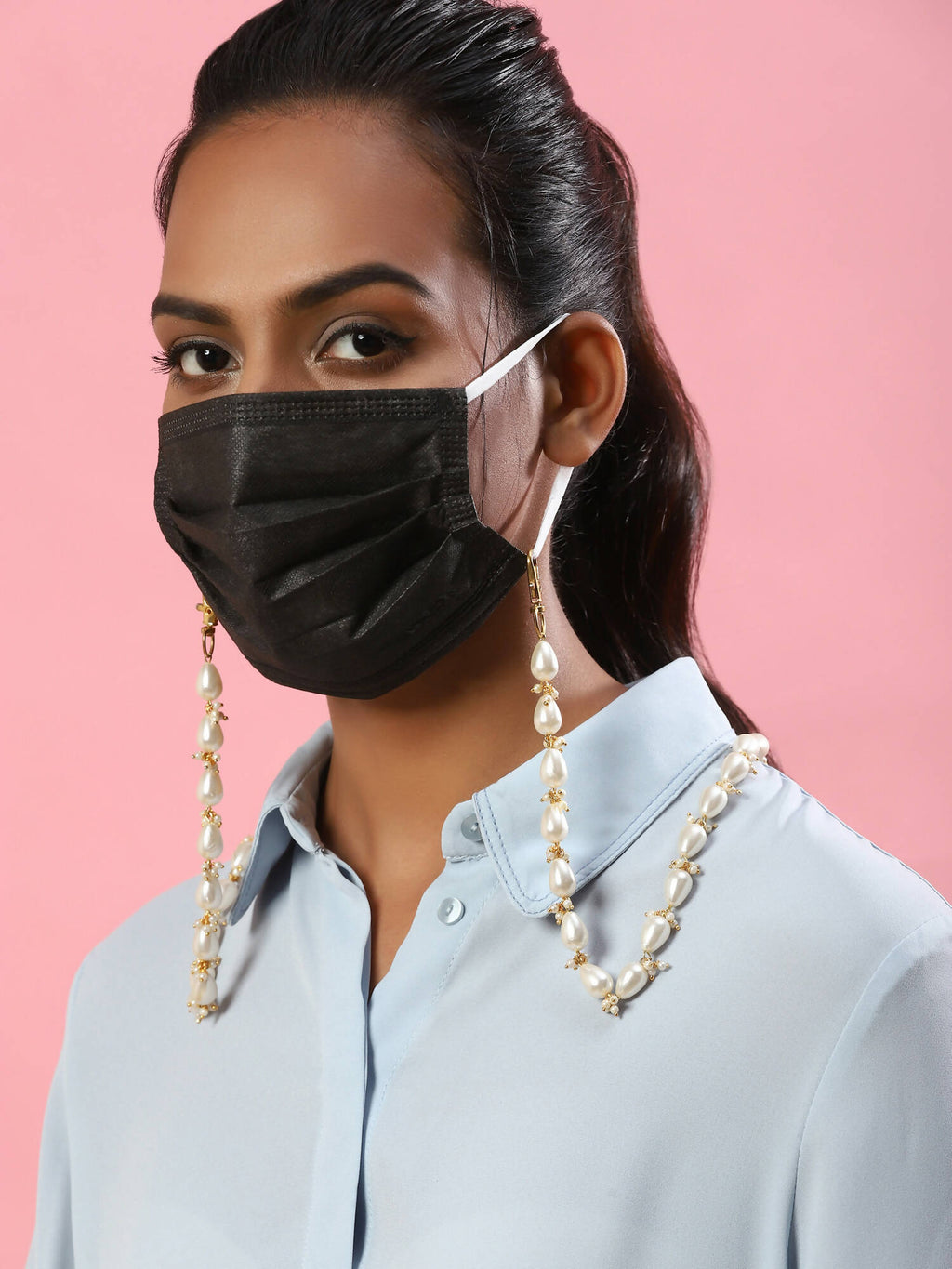 Gold-Toned White Embellished Mask Chain - Ruby Raang - Distacart