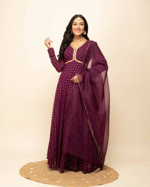 FIORRA Women's Wine Georgette Anarkali Kurta With Dupatta