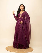 FIORRA Women's Wine Georgette Anarkali Kurta With Dupatta