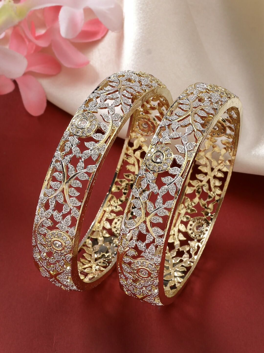 NVR Women's Set of 2 Gold-Polished American Diamond Emblished Handcrafted Bangles - Distacart