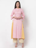 Myshka Women's Pink Solid 3/4 Sleeve Cotton Round Neck Dress