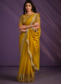 Mustard Crepe Satin Silk Embroidered Saree With Stitched Blouse - Mohmanthan Exotica