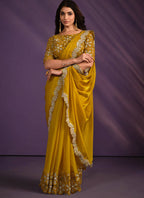 Mustard Crepe Satin Silk Embroidered Saree With Stitched Blouse - Mohmanthan Exotica