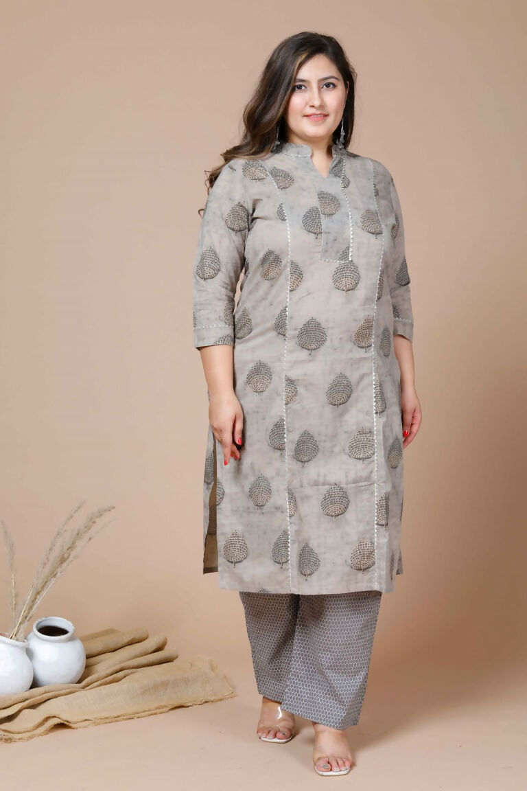 Miravan Women's Plus Size Beige Printed Gota Patti Pure Cotton Kurta With Palazzo