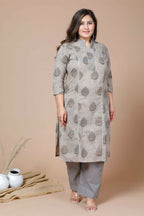 Miravan Women's Plus Size Beige Printed Gota Patti Pure Cotton Kurta With Palazzo