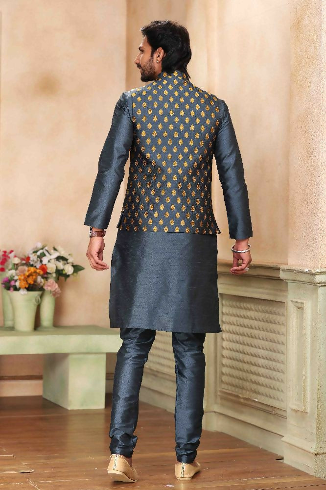 Raivat Ethnic Jacquard Banarasi Silk Woven Work 3 Pics Jacket Set In Dark Grey Colour - Distacart