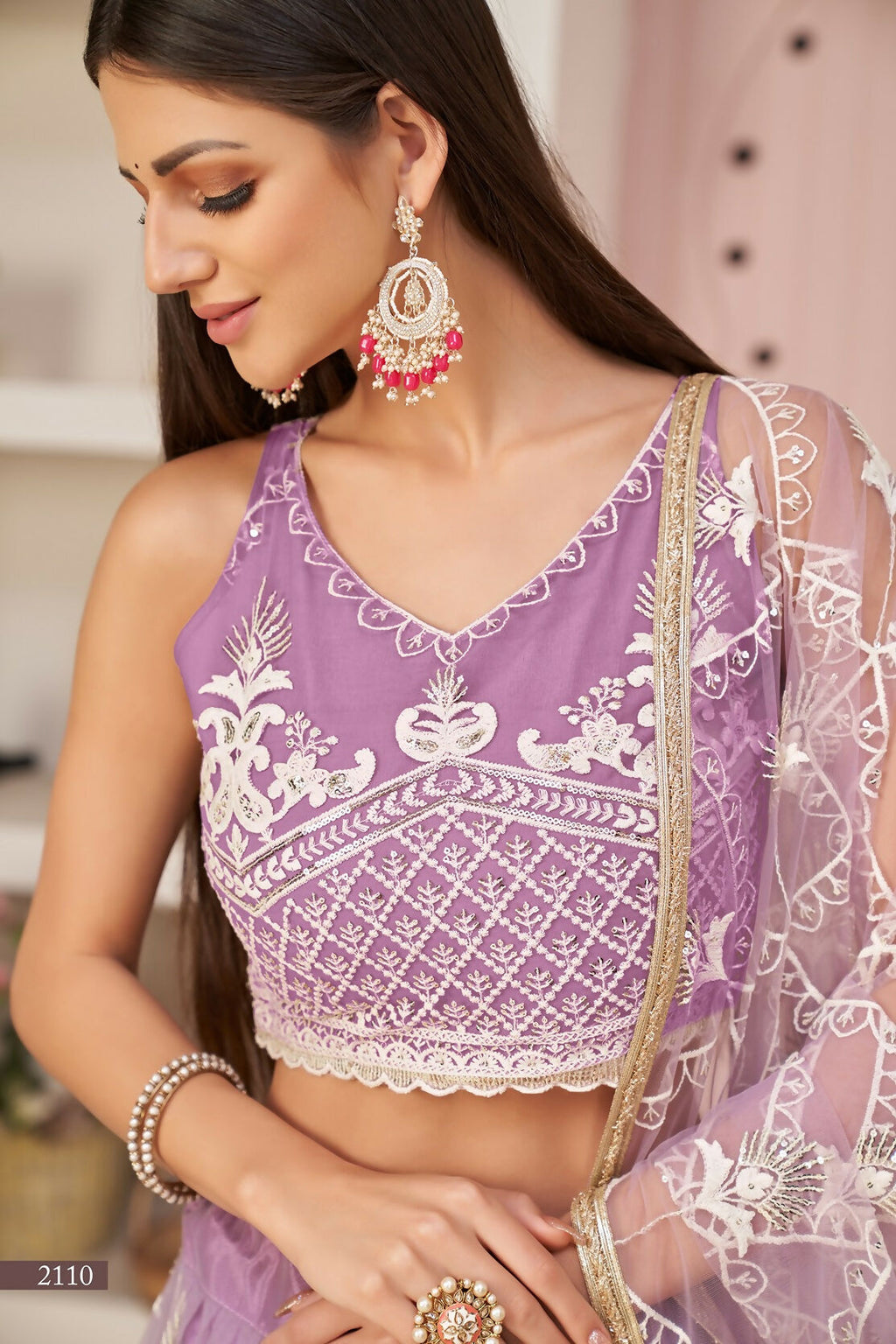 Eilara Women'S Lavender Butterfly Net White Cotton Thread And Zari Sequence Embroidered Work Lehenga Choli For Wedding
