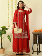 Myshka Women's Red Georgette Kurta & Skirt With Dupatta Party Sets