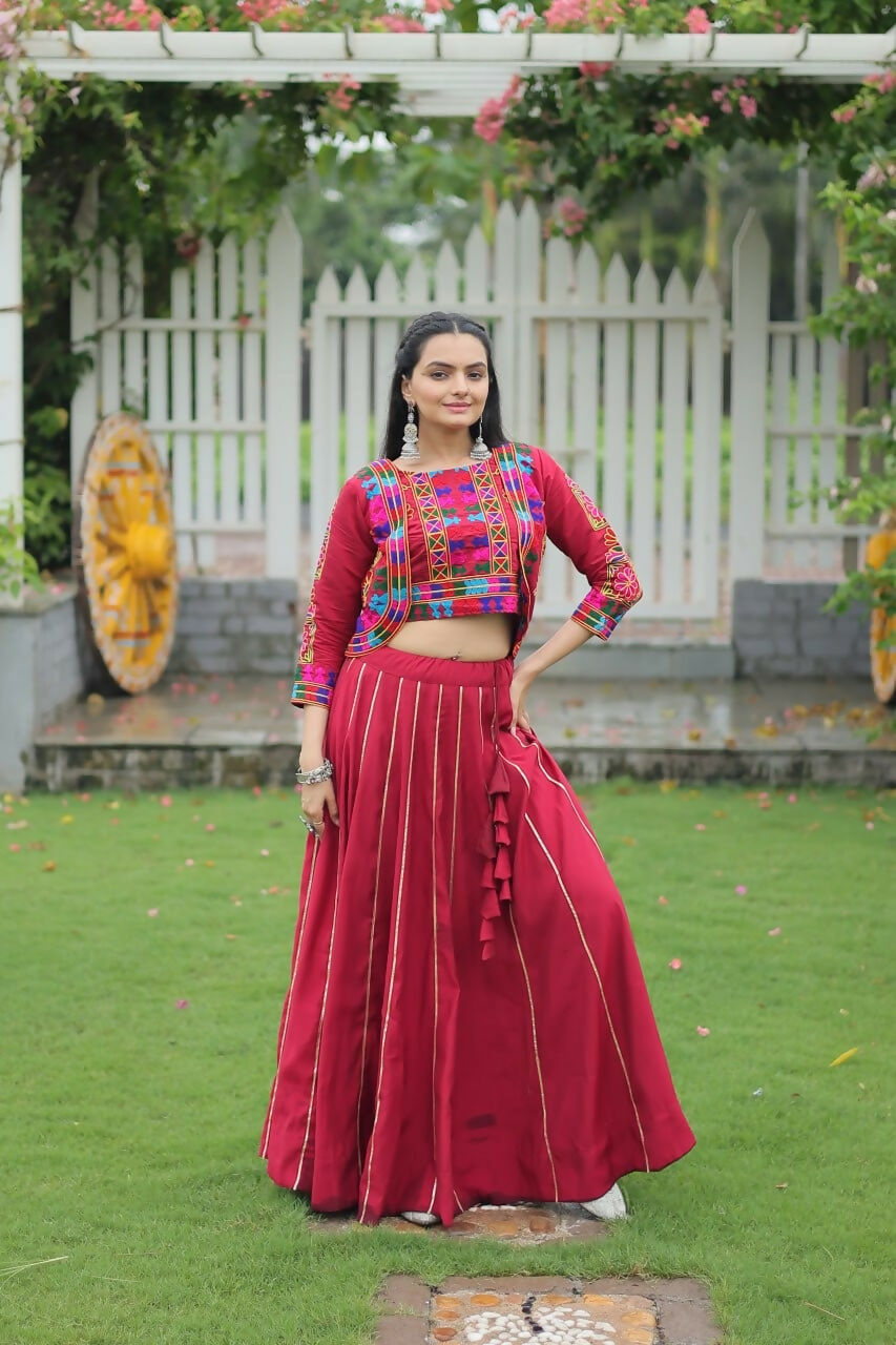 Teeya Creation Maroon Colour Roman Silk With Gamathi Work Navratri Lehenga Choli
