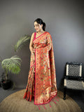 Joban Fashion Peach Floral & Leaf Motifs Soft Silk Paithani Saree - Distacart