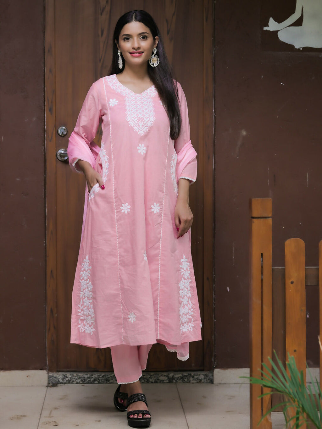 The52 Women's Beautiful Thread Work Cotton satin Fabric Flared Kurta Pant and Dupatta Set - Distacart