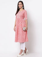 Myshka Women's Pink Printed 3/4 Sleeve Cotton Round Neck Dress