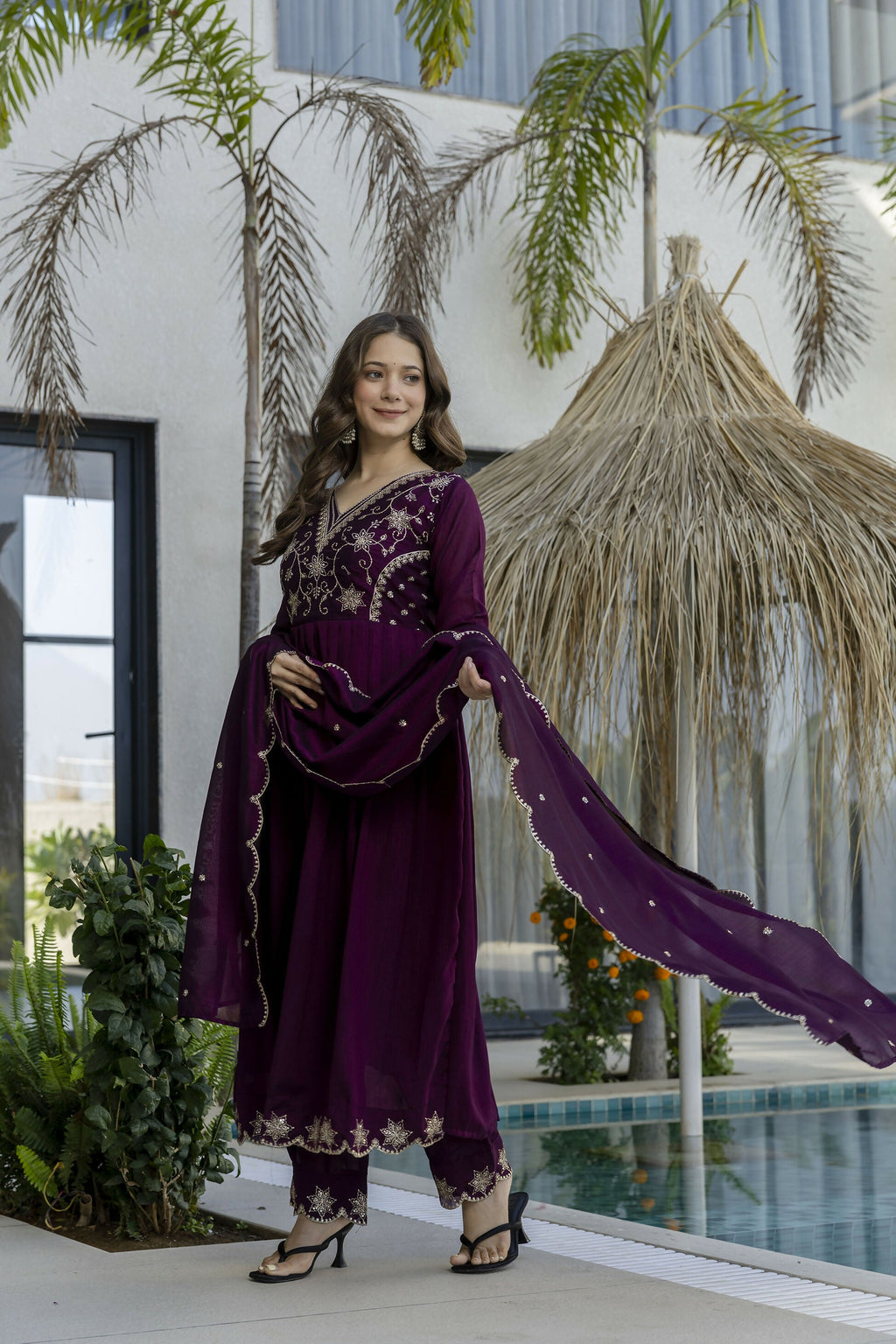 The52 Women's Beautiful Embroidery Work Vichitra Silk Fabric Flared Anarkali Pant and Dupatta Set - Distacart