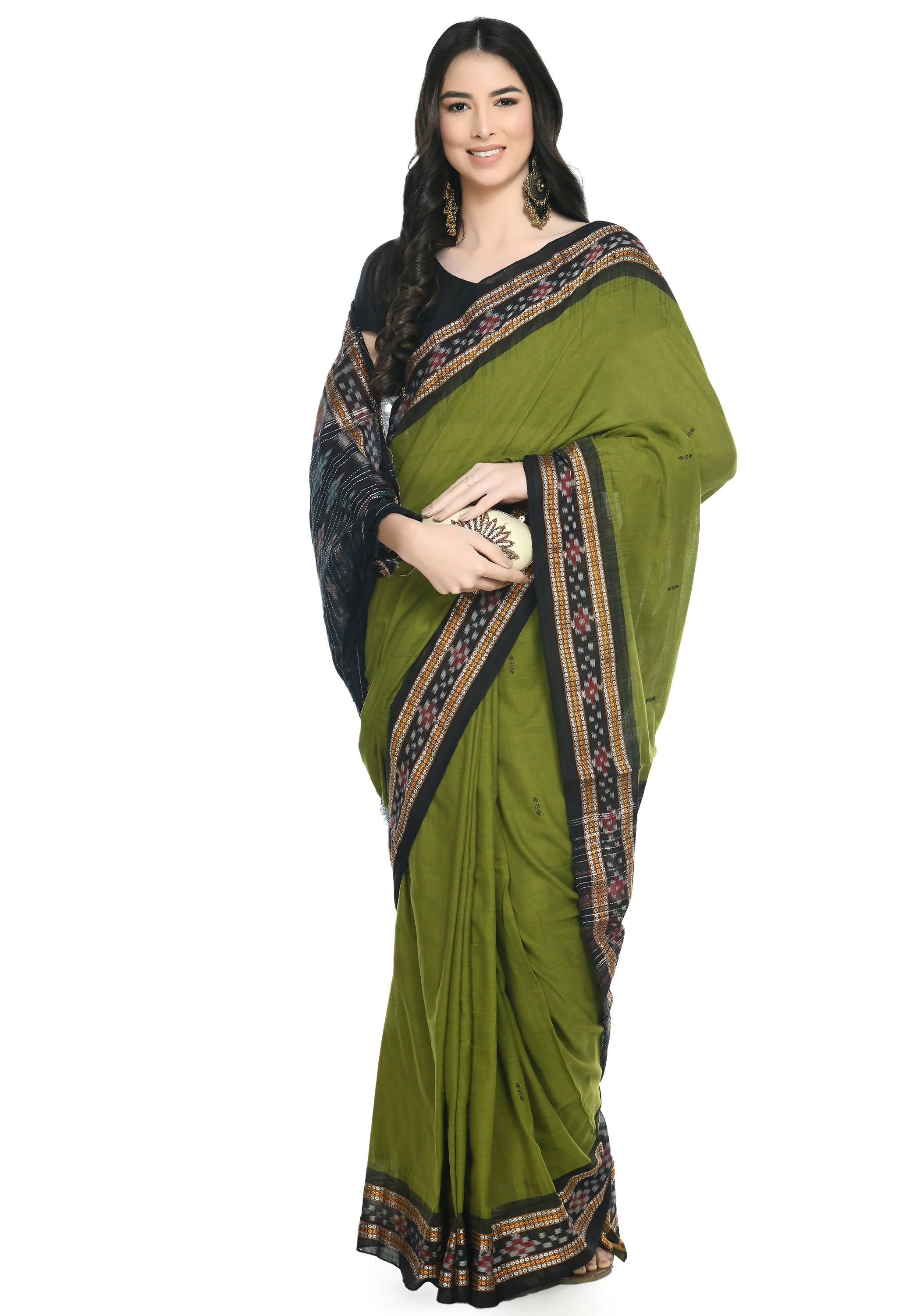 Vamika Sambalpuri Ikat Cotton Rekhabala Buti Green & Black Saree - Distacart