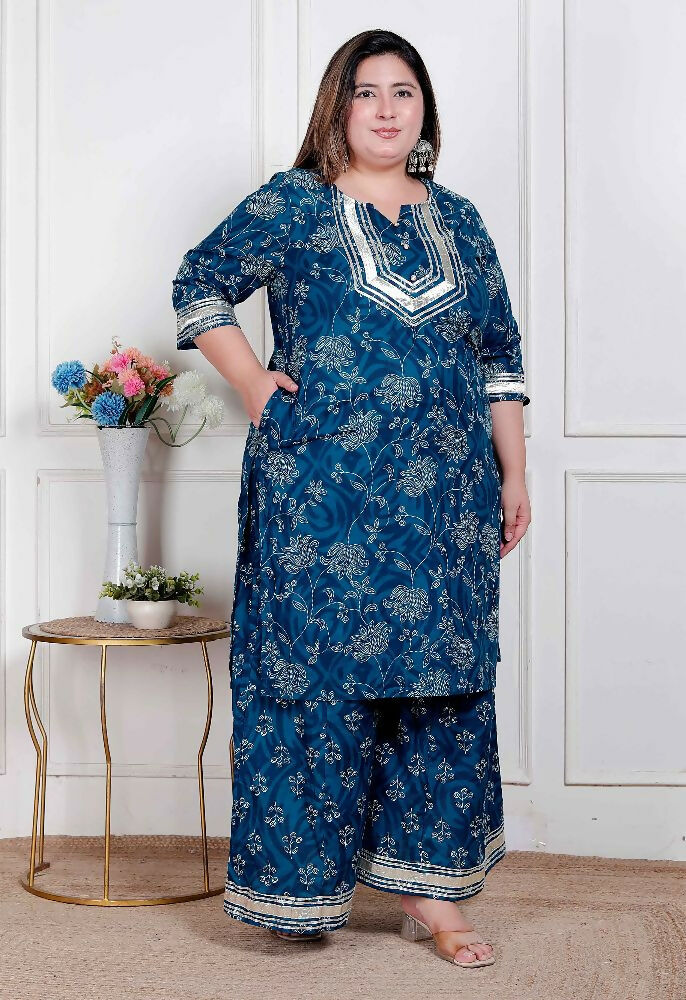 Miravan Plus Size Women'S Cotton Floral Printed V-Neck Kurta With Flared Palazzo - Distacart