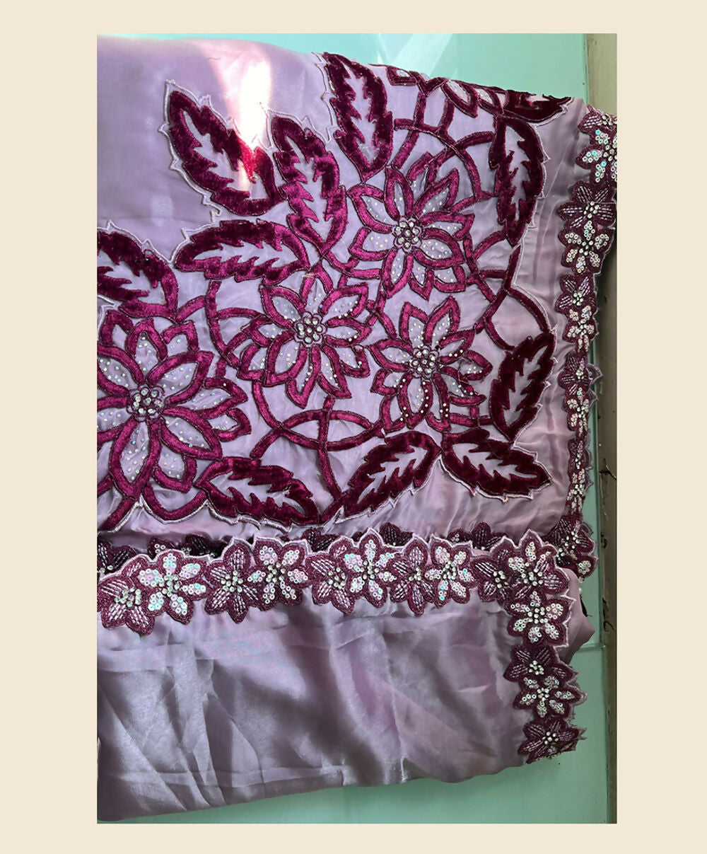 Purple Crepe Satin Silk Sequence & Cord Embroidered with Stone Work Saree - Mohmanthan Dakshika - Distacart