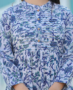 Kaajh Women's White-Blue Hand Block Printed Cotton Top