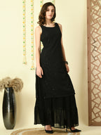 Myshka Women's Black Georgette Kurta & Skirt With Dupatta Party Sets