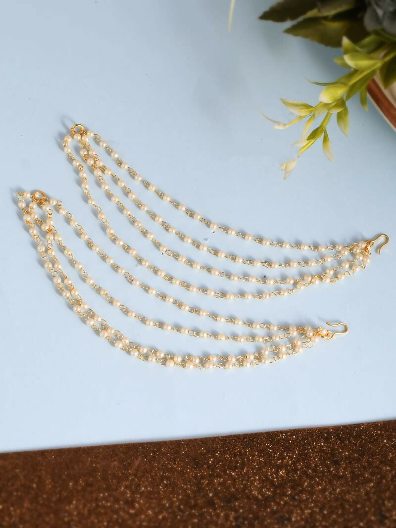 NVR Pearl Studded Classic Gold-Polished 4 Line Ear Chain Ear Cuff