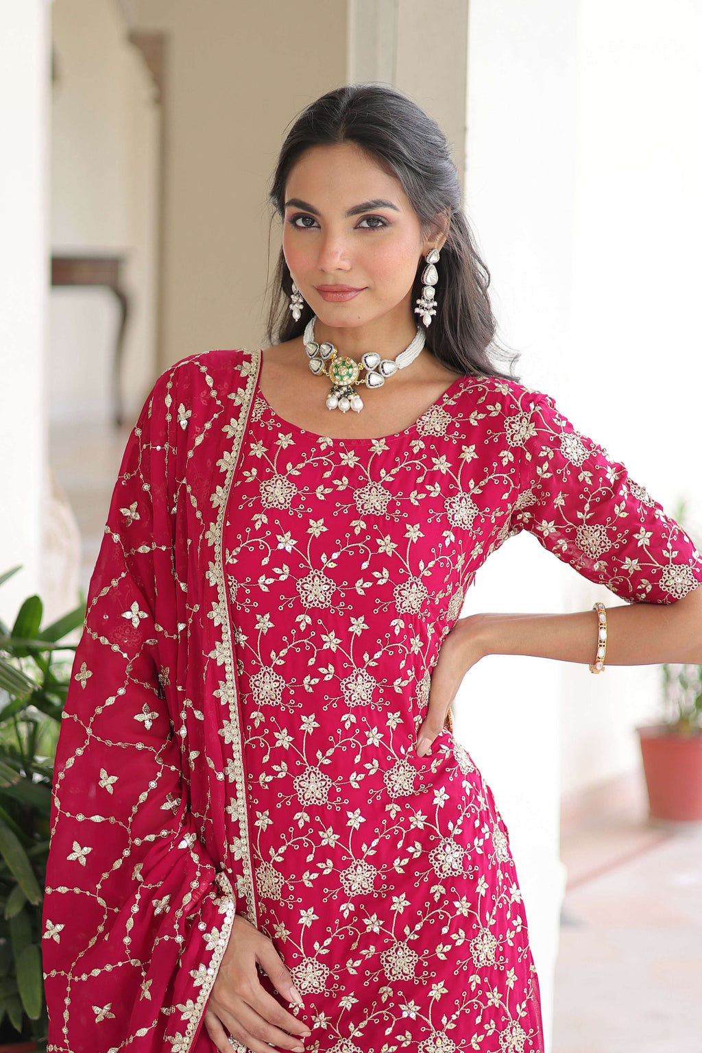 Joban Fashion Pink Readymade Kurta Set With Sequence embroidery Work - Distacart