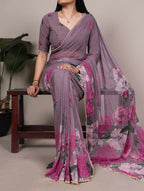Vastranavya Grey Weightless Marble and Floral Printed Georgette Saree with Unstitched Blouse - Distacart