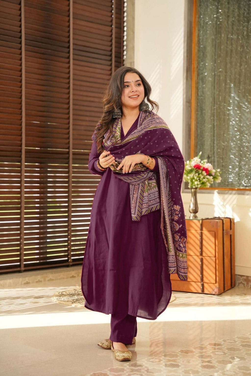 The52 Wine Women's Beautiful South Cotton Fabric Straight Kurta with Pant And Dupatta Set - Distacart