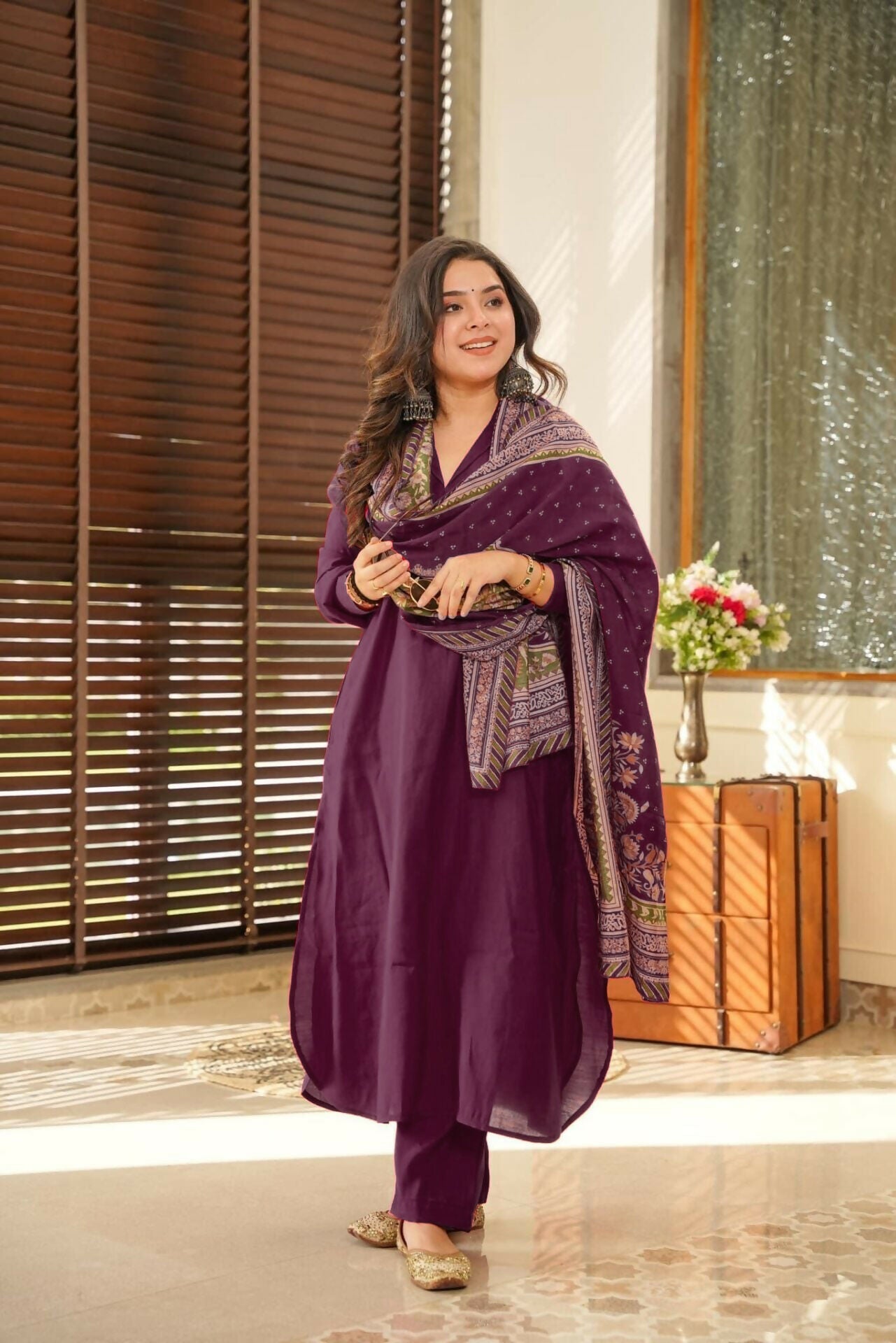 The52 Wine Women's Beautiful South Cotton Fabric Straight Kurta with Pant And Dupatta Set - Distacart