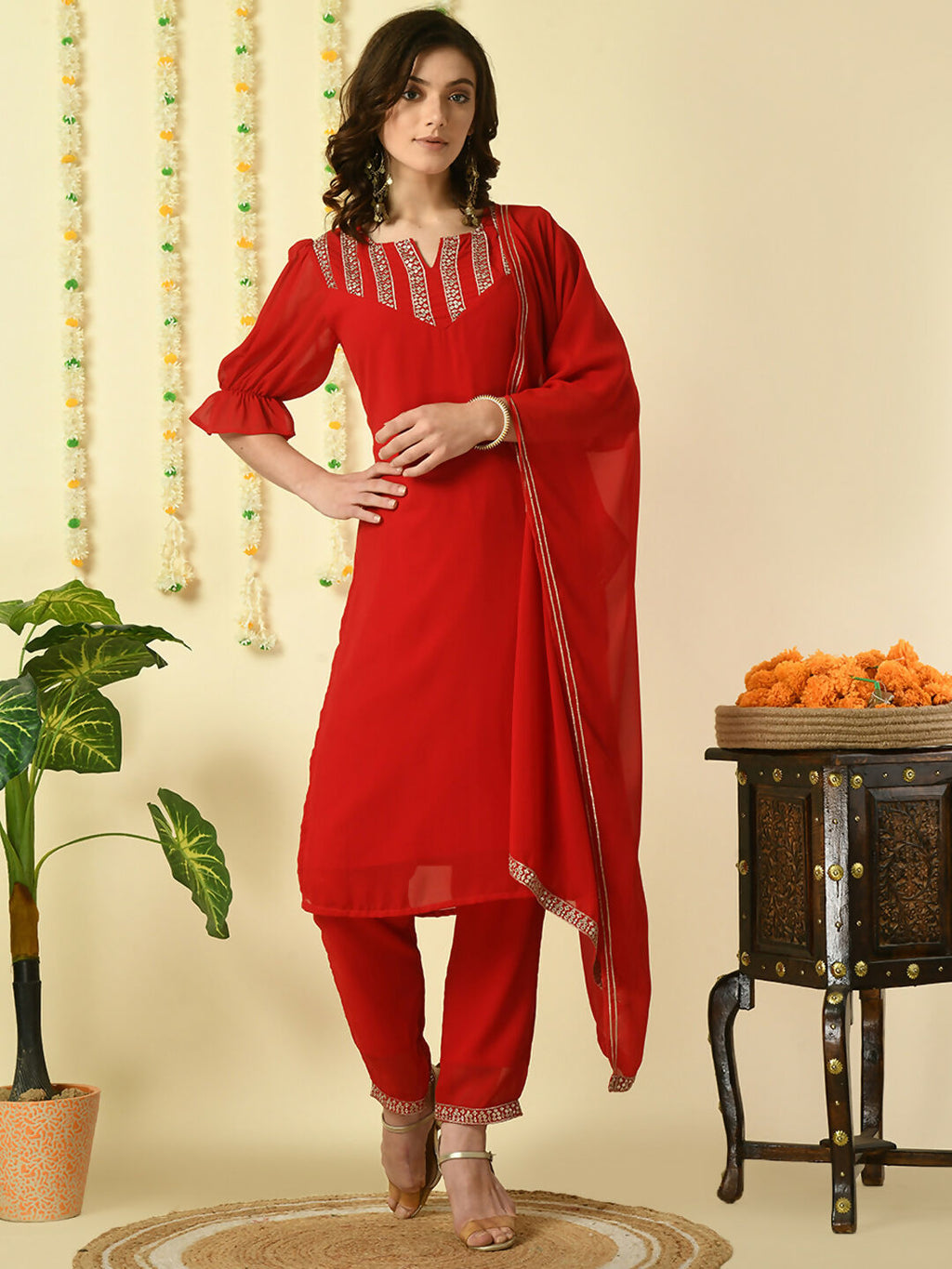 Myshka Women's Red Georgette Kurta & Trousers With Dupatta Party Sets