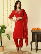 Myshka Women's Red Georgette Kurta & Trousers With Dupatta Party Sets