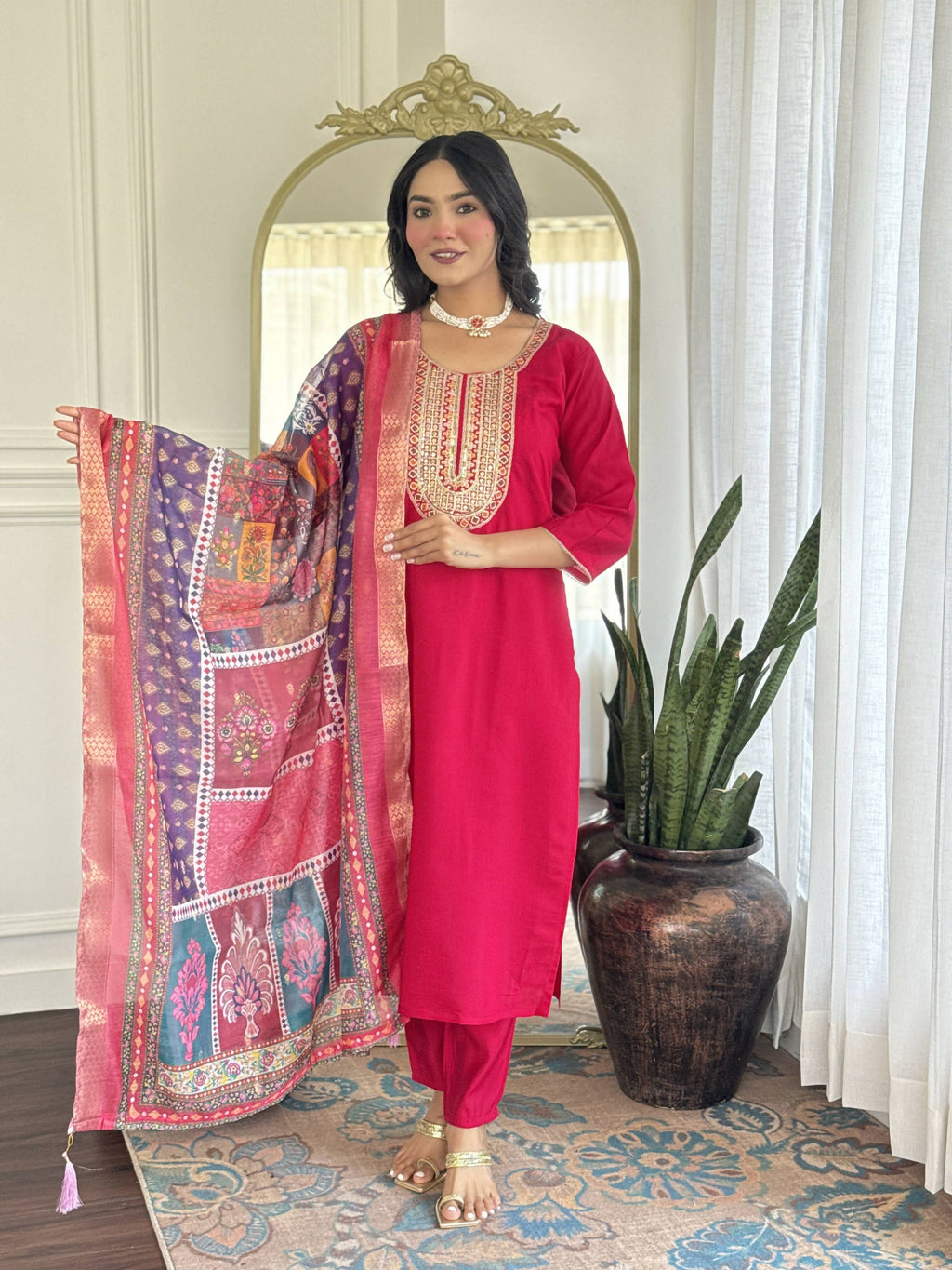 The52 Rani Gorgeous Embroidered Chanderi Silk Fabric Straight Kurta Pant with Dupatta Set - Distacart