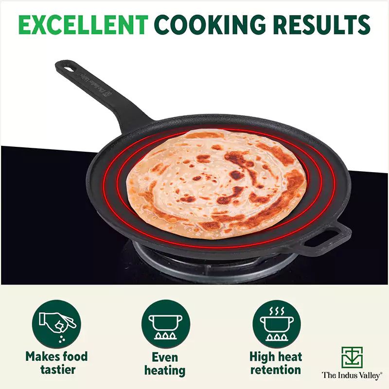 The Indus Valley CASTrong Cast Iron Tawa With Long Handle,Pre-seasoned, Nonstick, 100% Pure, Toxin-free, Induction, 28.5cm, 2.4kg - Distacart