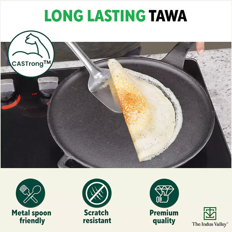 The Indus Valley CASTrong Cast Iron Tawa With Long Handle,Pre-seasoned, Nonstick, 100% Pure, Toxin-free, Induction, 28.5cm, 2.4kg - Distacart