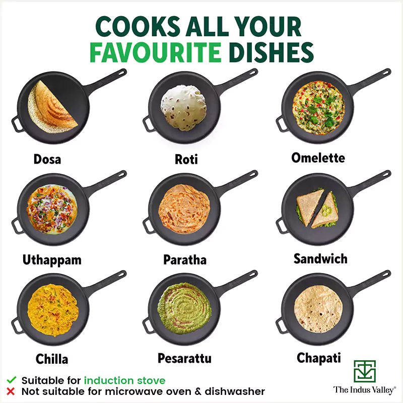 The Indus Valley CASTrong Cast Iron Tawa With Long Handle,Pre-seasoned, Nonstick, 100% Pure, Toxin-free, Induction, 28.5cm, 2.4kg - Distacart