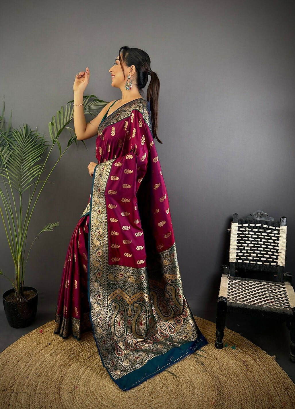 Joban Fashion Banarasi Wine Woven Butti Soft Silk Saree - Distacart